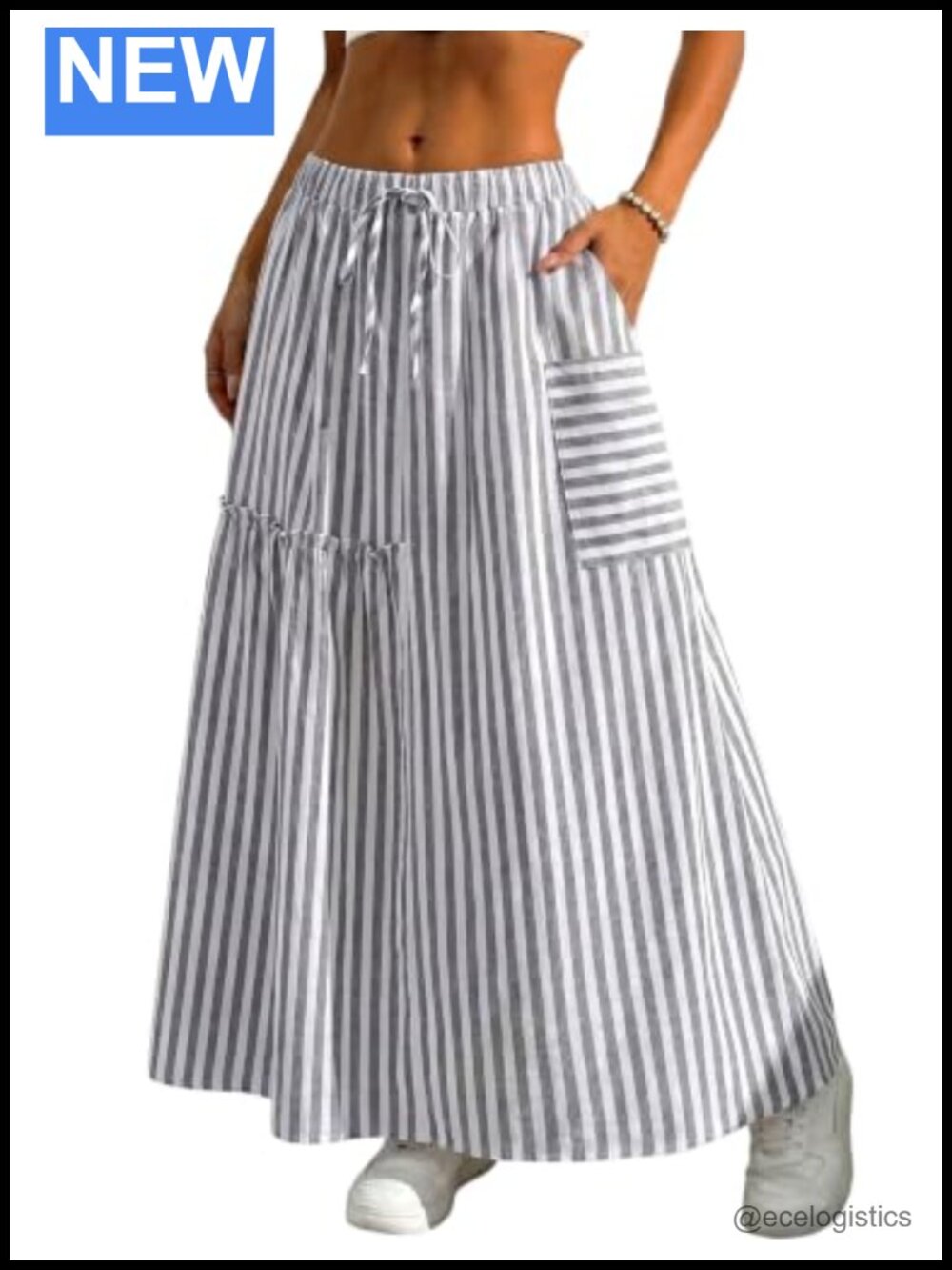 Striped Cotton Maxi Skirt High Waisted Long Skirt with Pockets
